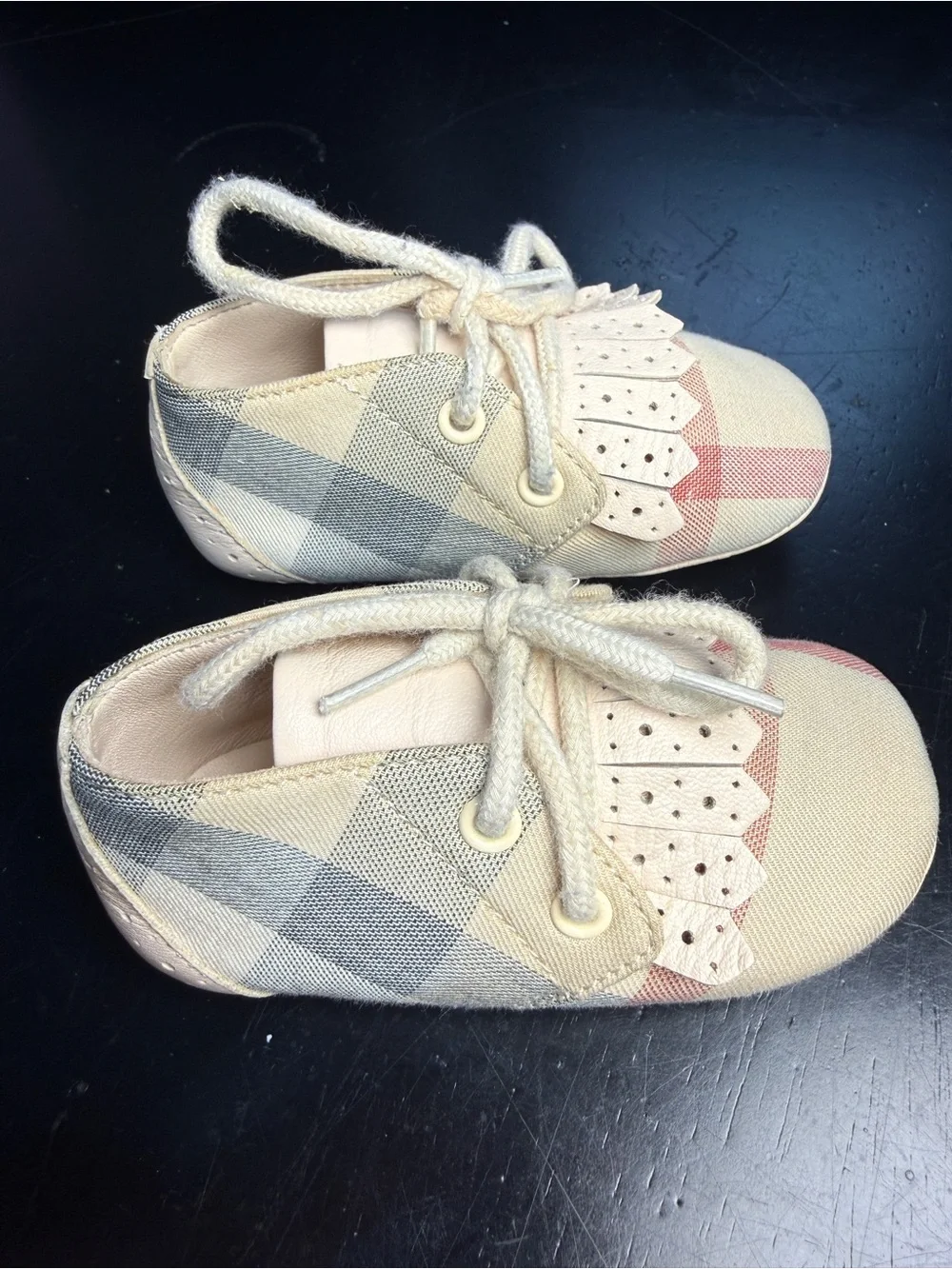 BURBERRY BABY, Cream Plaid Lace-Up Moccasin Shoes